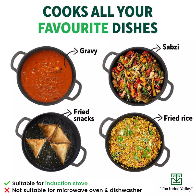 The Indus Valley CASTrong Cast Iron Kadai ,Pre-seasoned, Nonstick, 100% Pure, Toxin-free, Induction, Spatula, 25.4 cm, 2.3L, 2.5kg | Grocsy