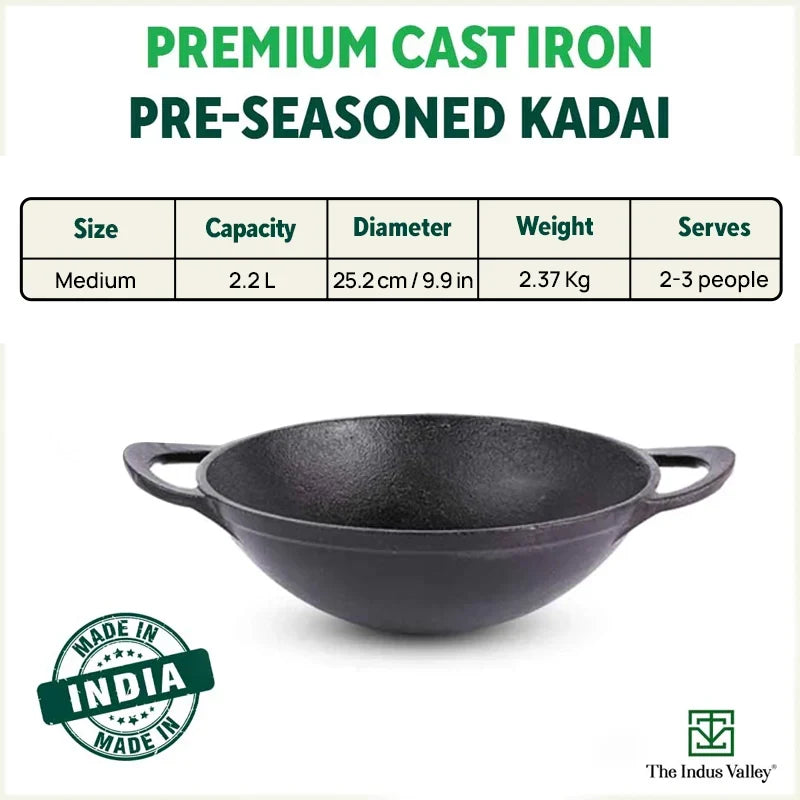 The Indus Valley CASTrong Cast Iron Kadai, Pre-seasoned, Nonstick, 100% Pure, Toxin-free, Spatula, 25.2cm, 2.2L, 2.37kg | Grocsy