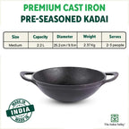 The Indus Valley CASTrong Cast Iron Kadai, Pre-seasoned, Nonstick, 100% Pure, Toxin-free, Spatula, 25.2cm, 2.2L, 2.37kg | Grocsy