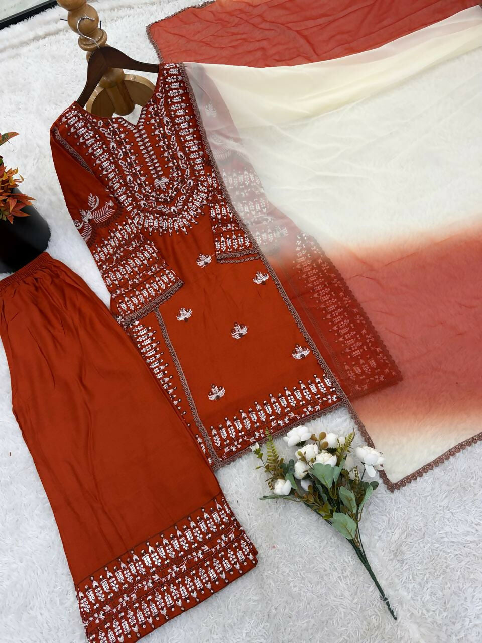 Teeya Creation Womens Trendy Stylish Embroidery Thread Work Orange Kurta Set | Grocsy
