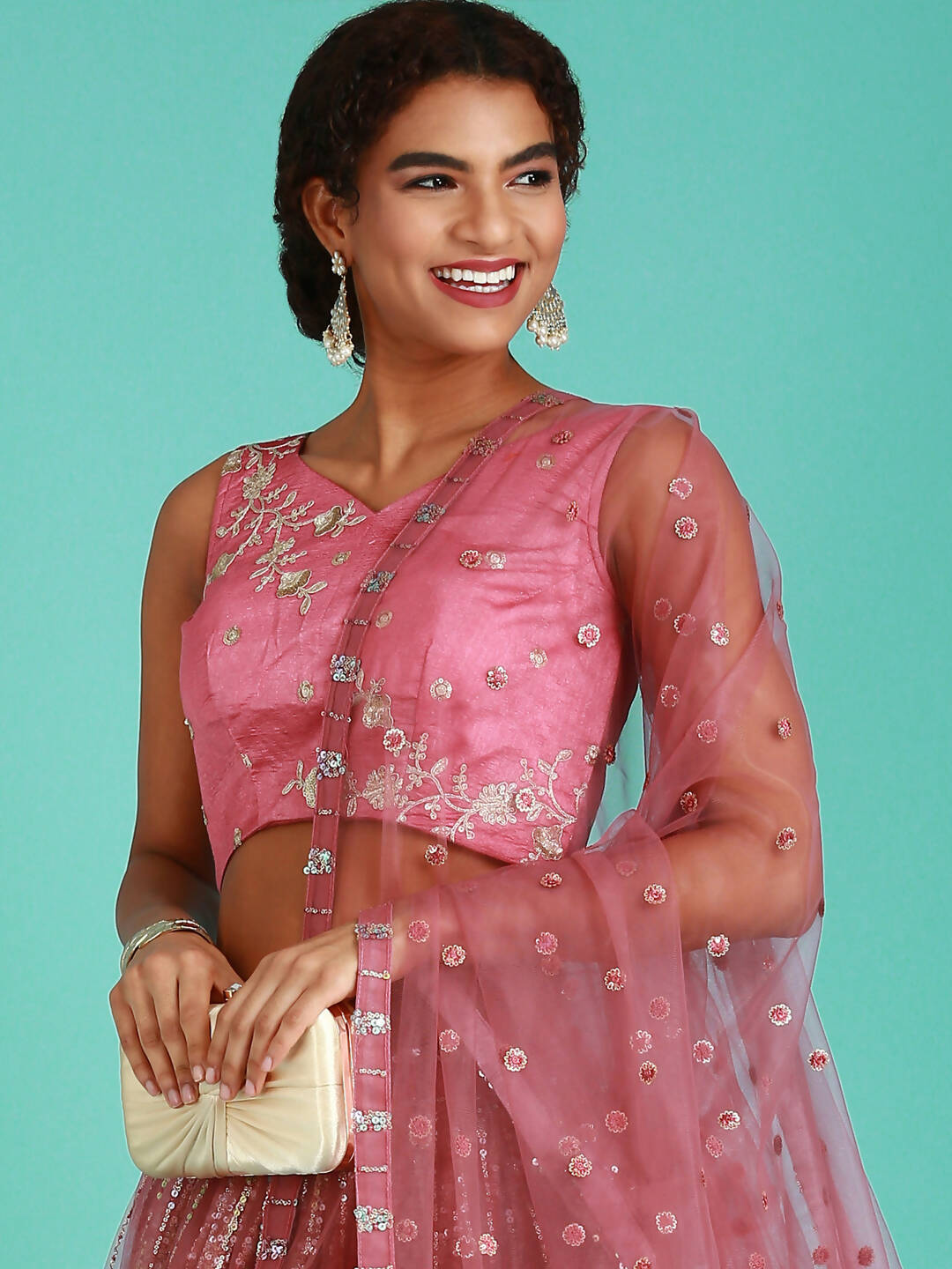 House of Panchhi Rose Gold Net Sequinse Work Lehenga & Blouse, Dupatta | Grocsy
