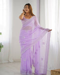 Attractive Looking Georgette Thread, Sequance Embroidery Work Party Wear Saree - Lavender | Grocsy