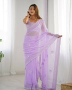 Attractive Looking Georgette Thread, Sequance Embroidery Work Party Wear Saree - Lavender | Grocsy