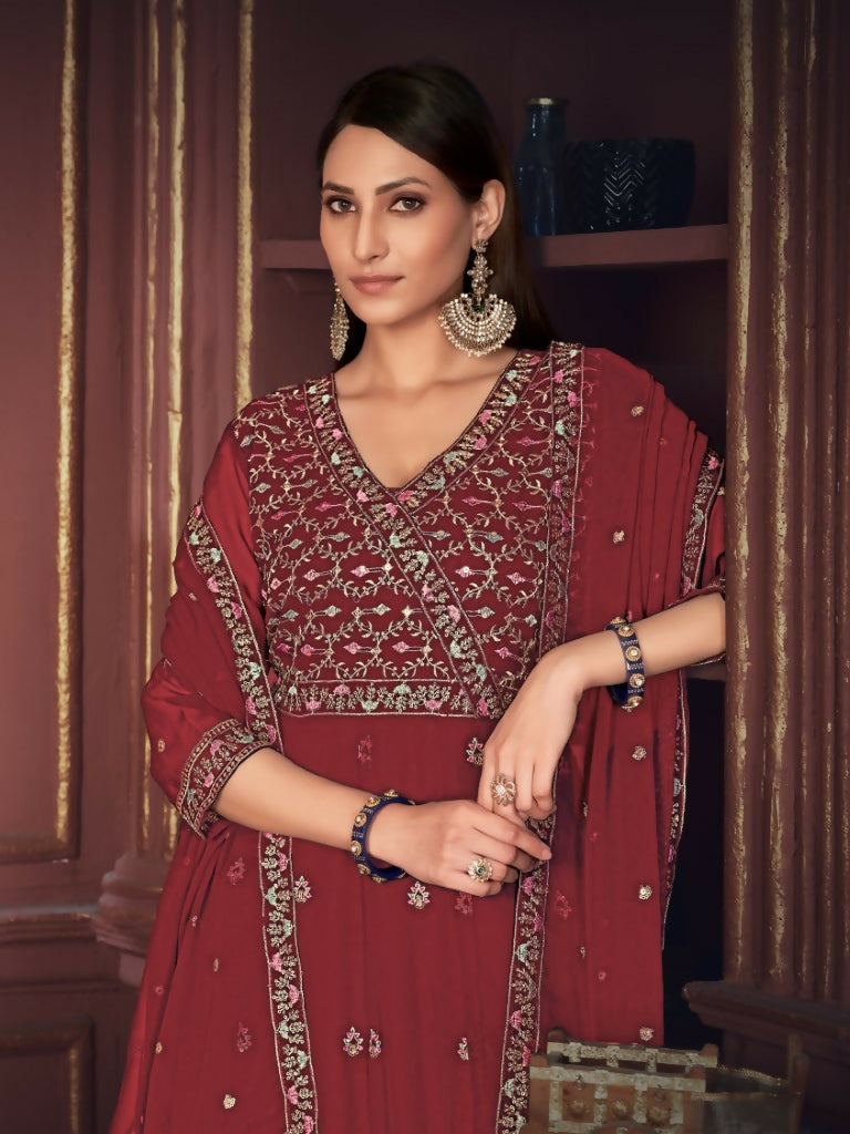 Jyoti Fashion Women's Maroon Georgette Embroidered Anarkali Kurta Pant Set With Dupatta | Grocsy