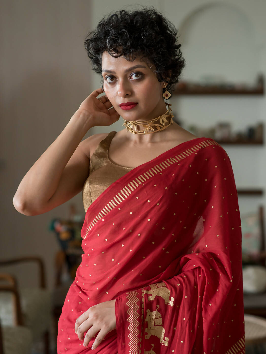 Suta Red Polka Dots Cotton Blend Saree | Grocsy