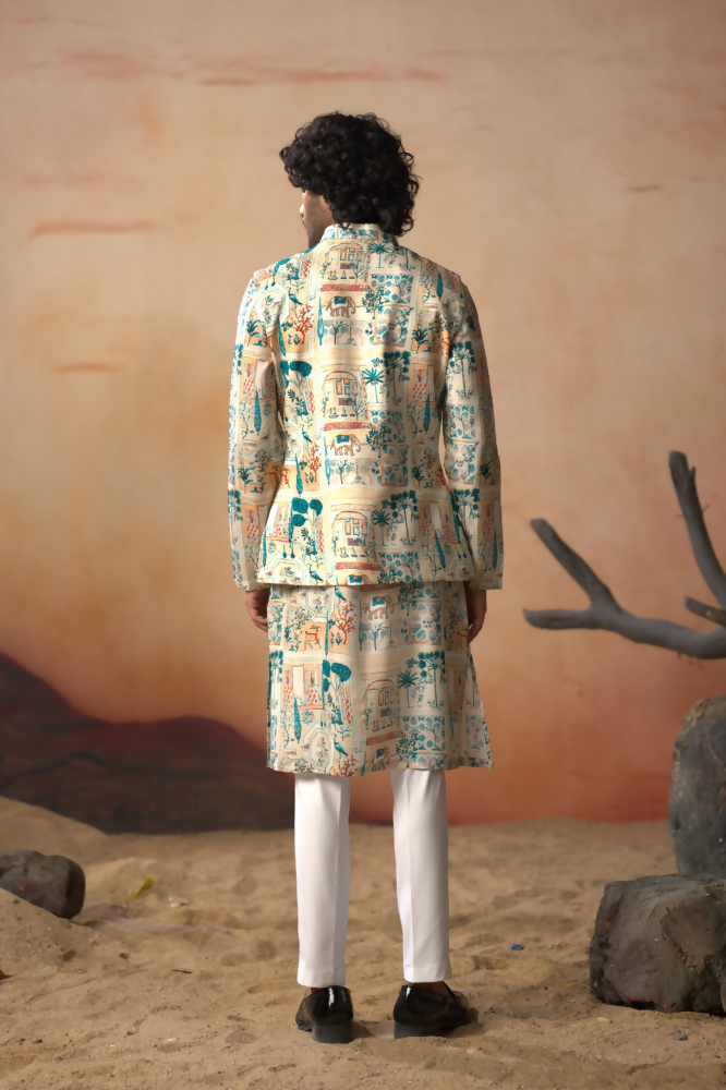 Classic Forest Print Silk Nehrujacket Set by Hilo Design | Grocsy