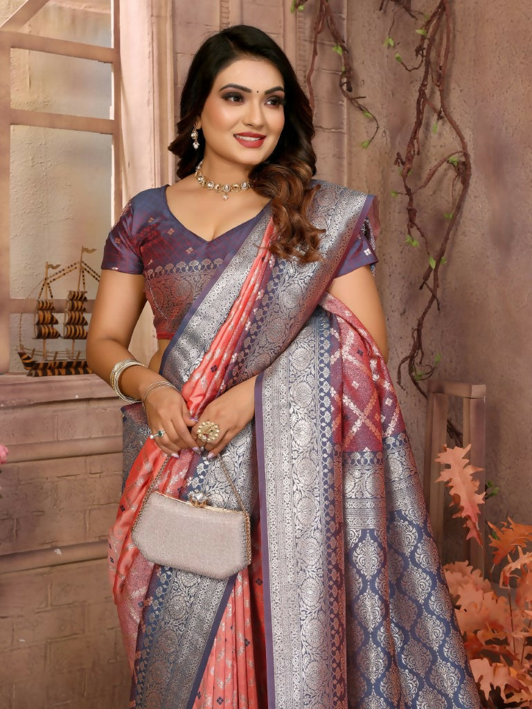 Anaita Peach kochi Silk With Beautiful Checks Weaving Saree With Blouse | Grocsy