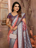 Anaita Peach kochi Silk With Beautiful Checks Weaving Saree With Blouse | Grocsy