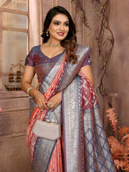 Anaita Peach kochi Silk With Beautiful Checks Weaving Saree With Blouse | Grocsy