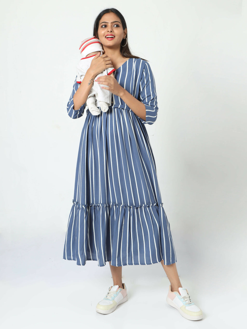 Manet Three Fourth Maternity Dress Striped With Concealed Zipper Nursing Access - Blue | Grocsy