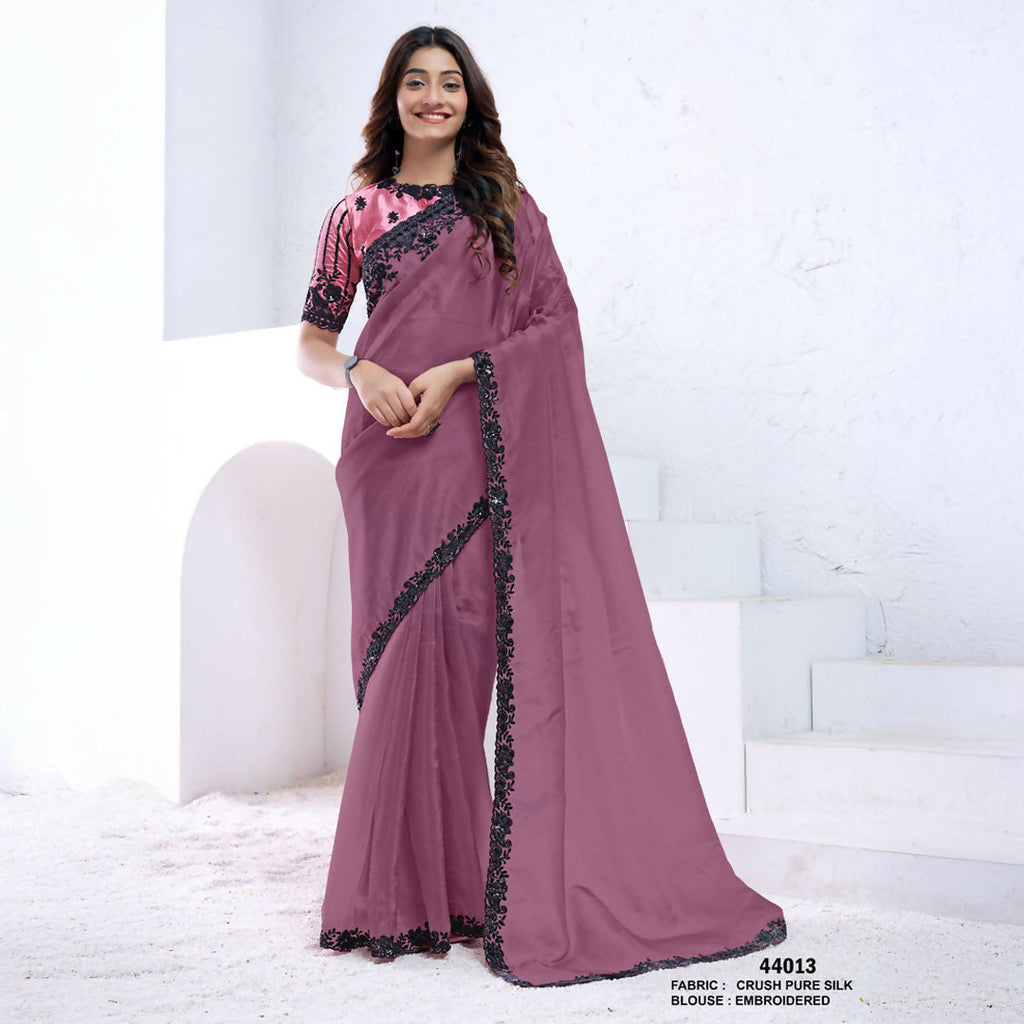 Dark Mauve Crush Pure Silk Sequence With Hand Work Saree With Unstitched Blouse - Norita Swaraa | Grocsy