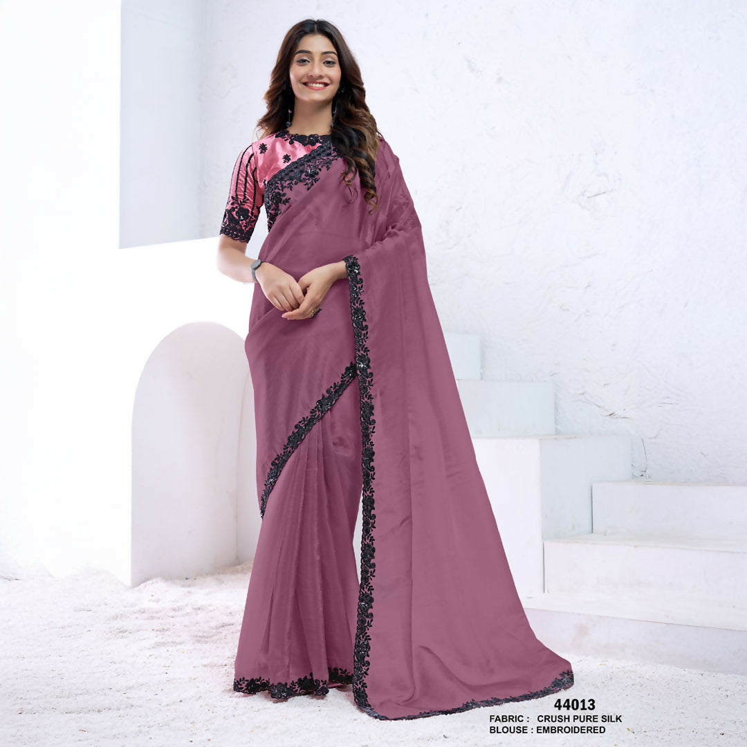 Dark Mauve Crush Pure Silk Sequence With Hand Work Saree With Unstitched Blouse - Norita Swaraa | Grocsy