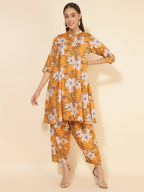 Janasya Women's Mustard Moss Digital Floral Printed Casual A-line Co-ords | Grocsy