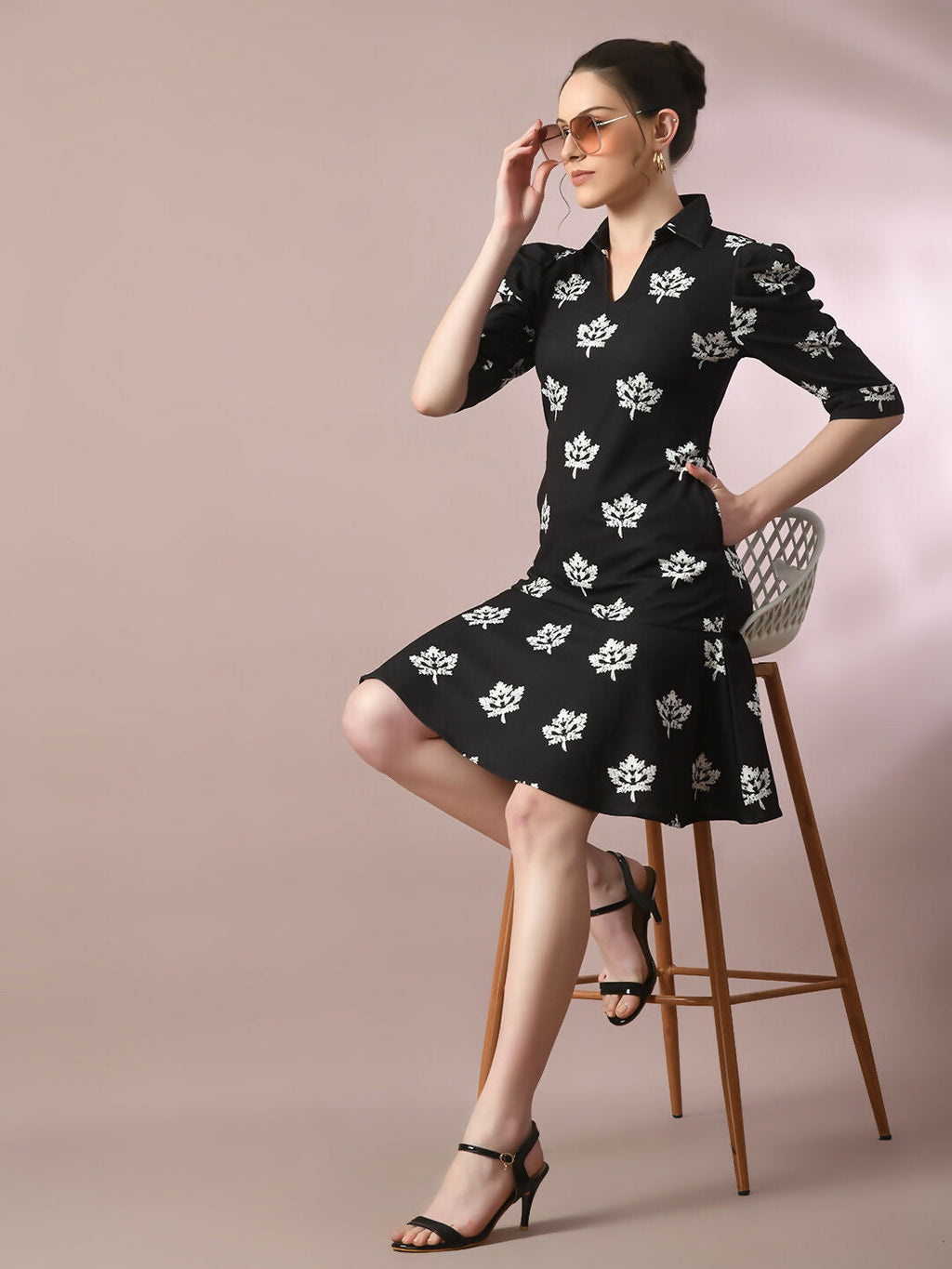 Myshka Women's Black Printed Shirt Collar Fit and Flare Party Dress | Grocsy