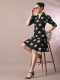 Myshka Women's Black Printed Shirt Collar Fit and Flare Party Dress | Grocsy