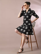 Myshka Women's Black Printed Shirt Collar Fit and Flare Party Dress | Grocsy