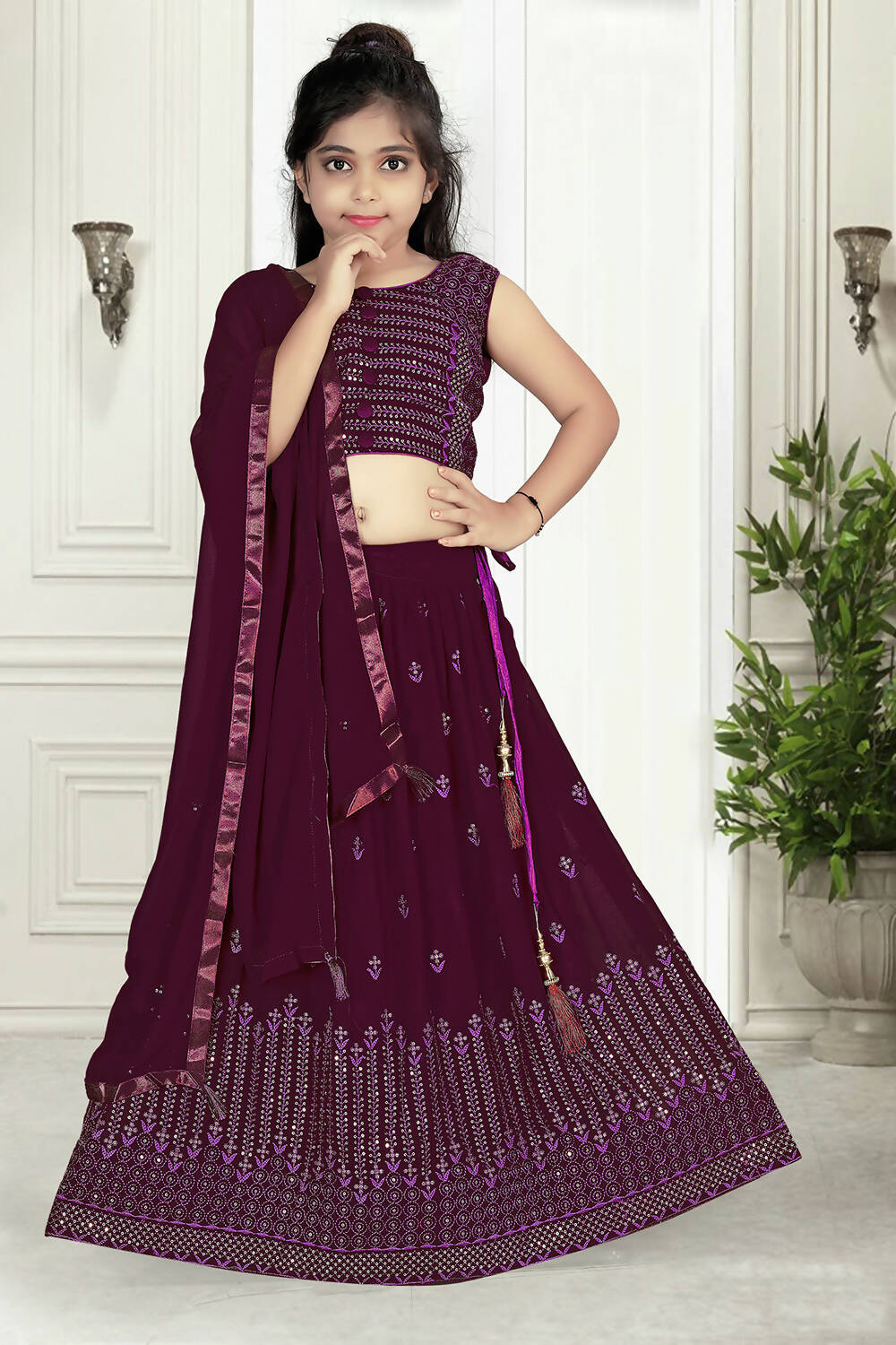 Wedding Designer Wine Pure Georgette Kidswear Lehenga - Aaradhna | Grocsy