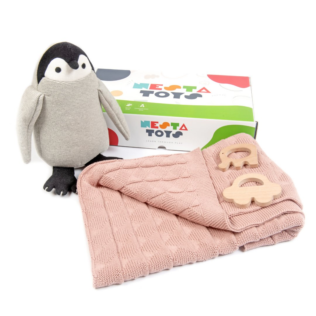 Nesta Toys Newborn Gift Set - Knitted Cotton Blanket, Penguin Plush Toy, Elephant & Car Teether | Grocsy