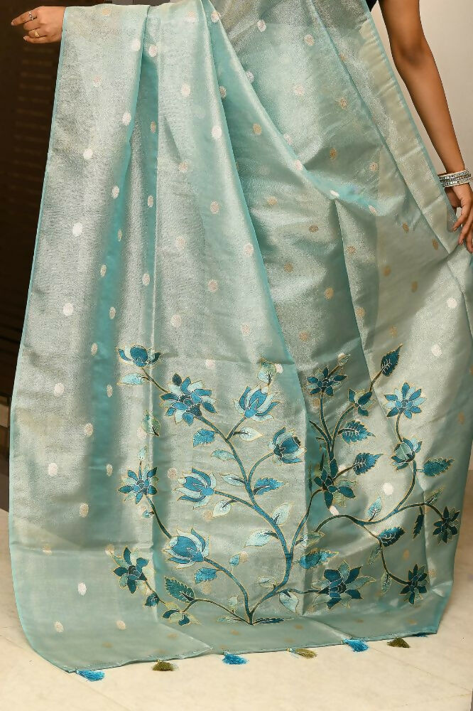 Joban Fashion Firozi Saree Tissue Zari Buti Anchal Applick With Contrast Blouse | Grocsy