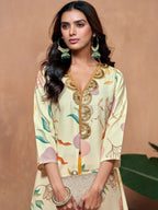 Sangria Off White Floral Printed V-Neck Three-Quarter Sleeves A-Line Kurta & Trouser | Grocsy