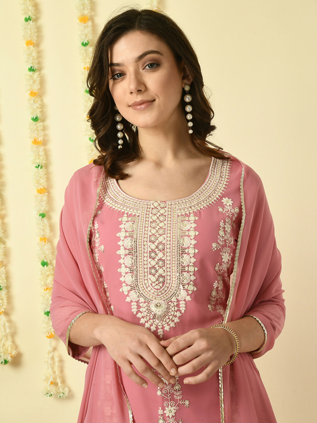 Myshka Women's Pink Georgette Kurta & Skirt With Dupatta Party Sets | Grocsy