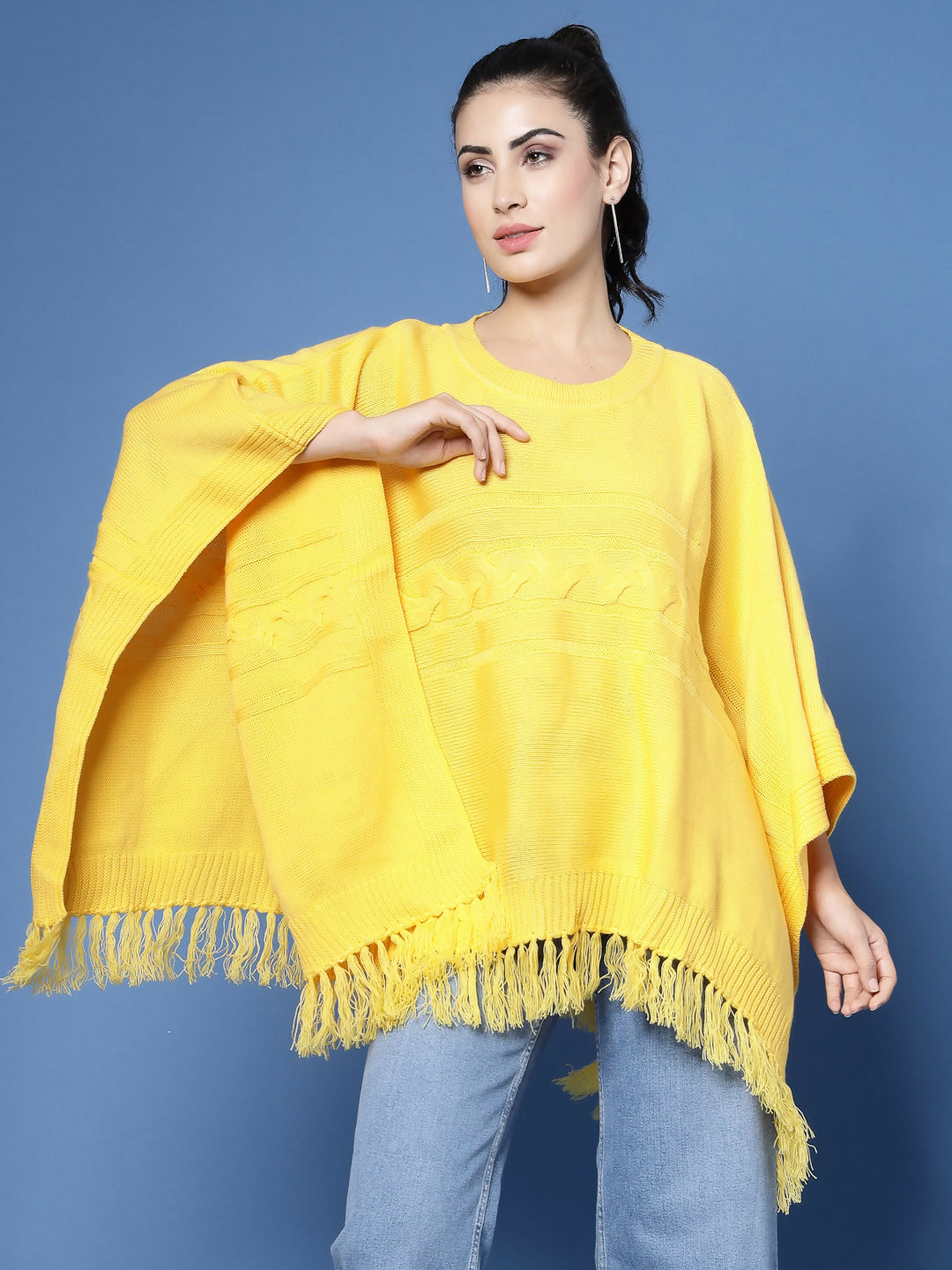 Women Yellow Acrylic Self Design Poncho - Wool Trees | Grocsy
