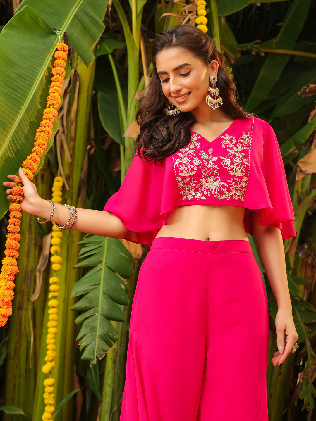 Janasya Pink Georgette Yoke Embroidery Co-Ords | Grocsy