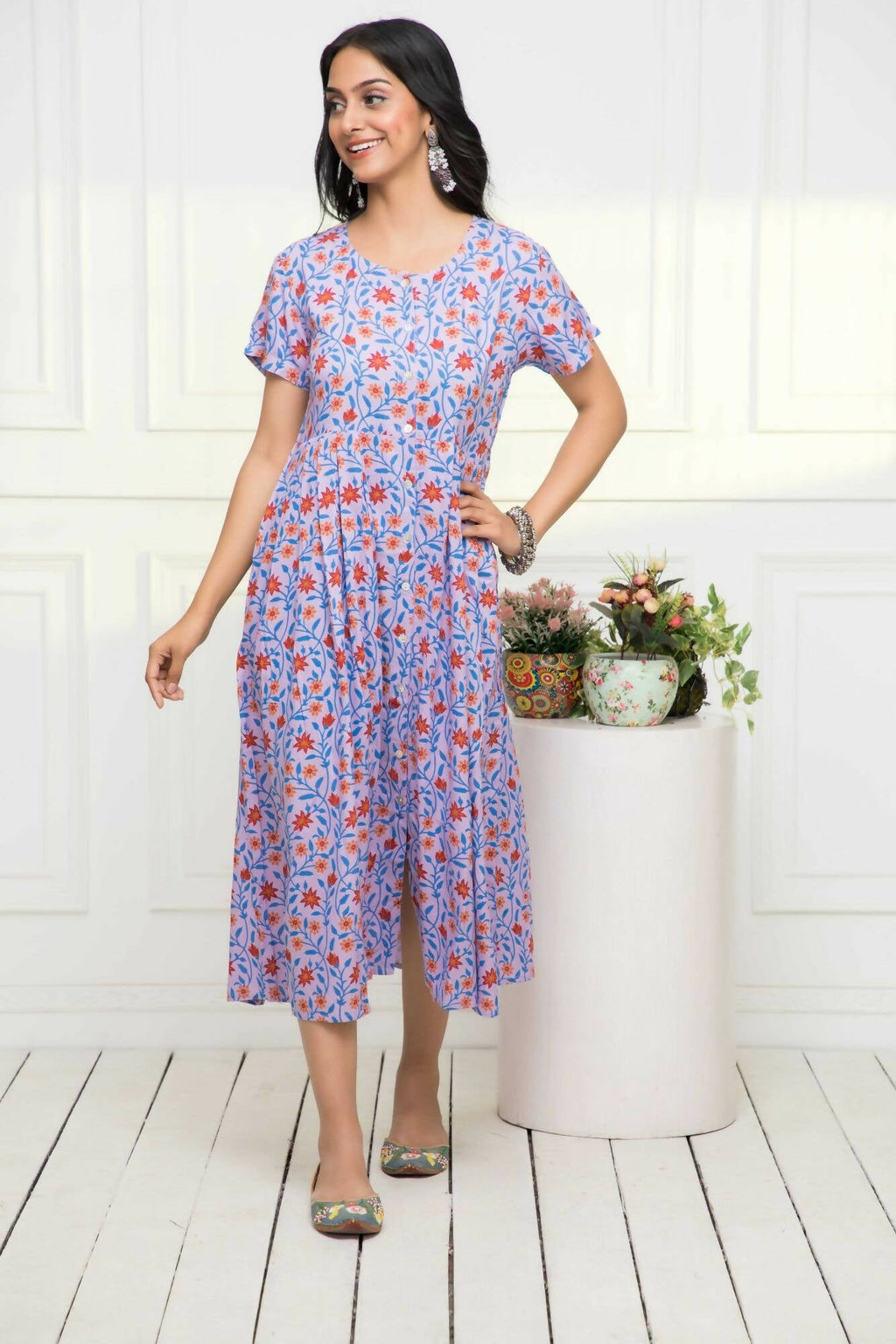 Myshka Women Purple Floral Rayon A-Line Round Neck Dress | Grocsy