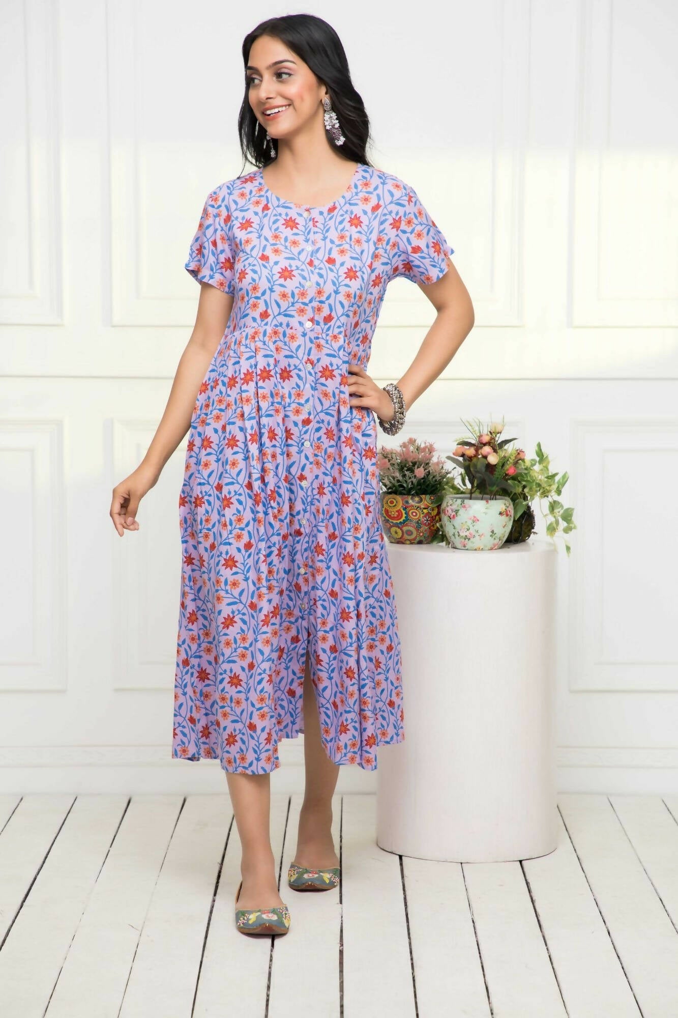 Myshka Women Purple Floral Rayon A-Line Round Neck Dress | Grocsy