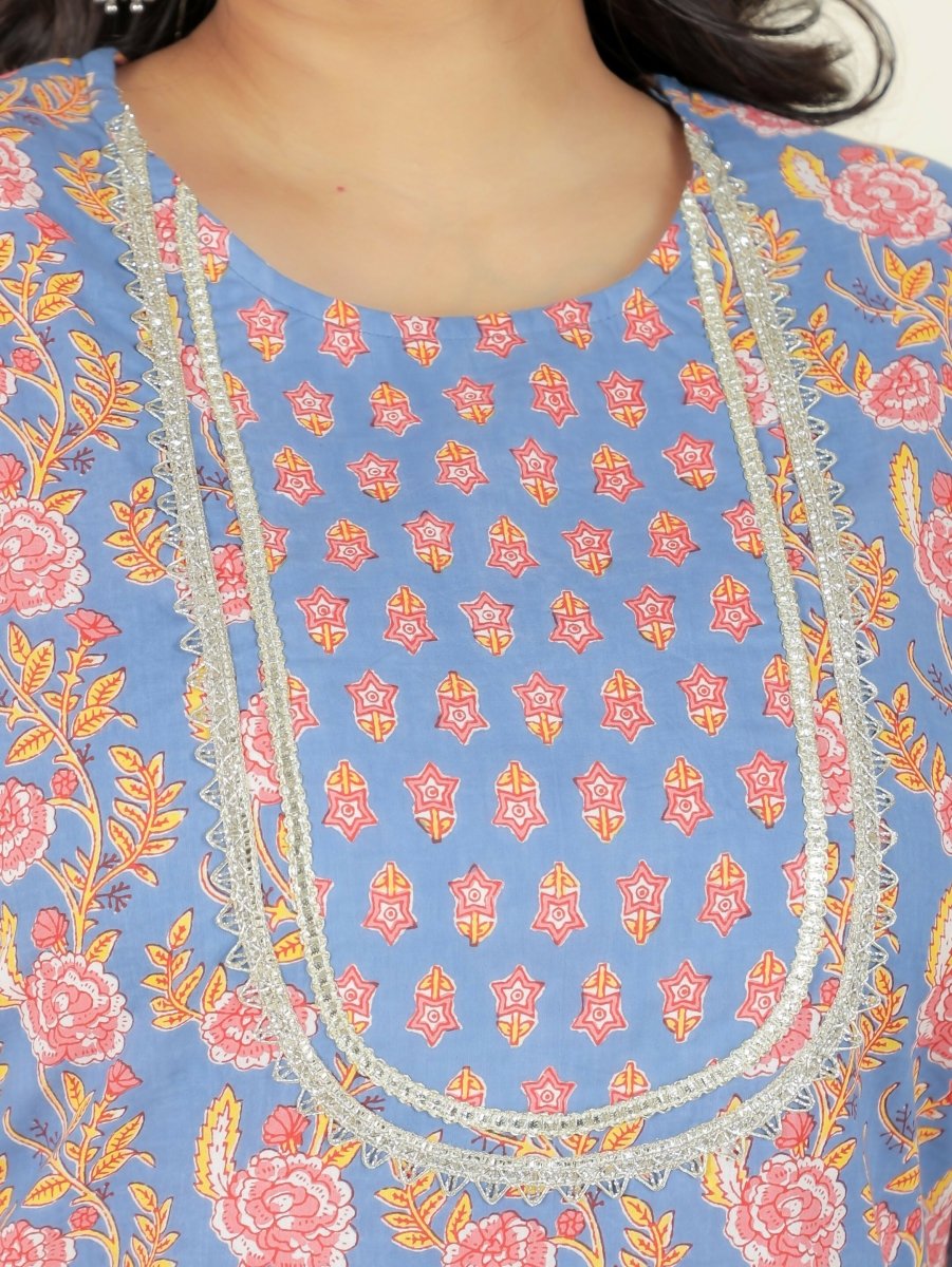 Aramya Straight Soft Cotton Floral Print Women's Kurta Set - Blue | Grocsy