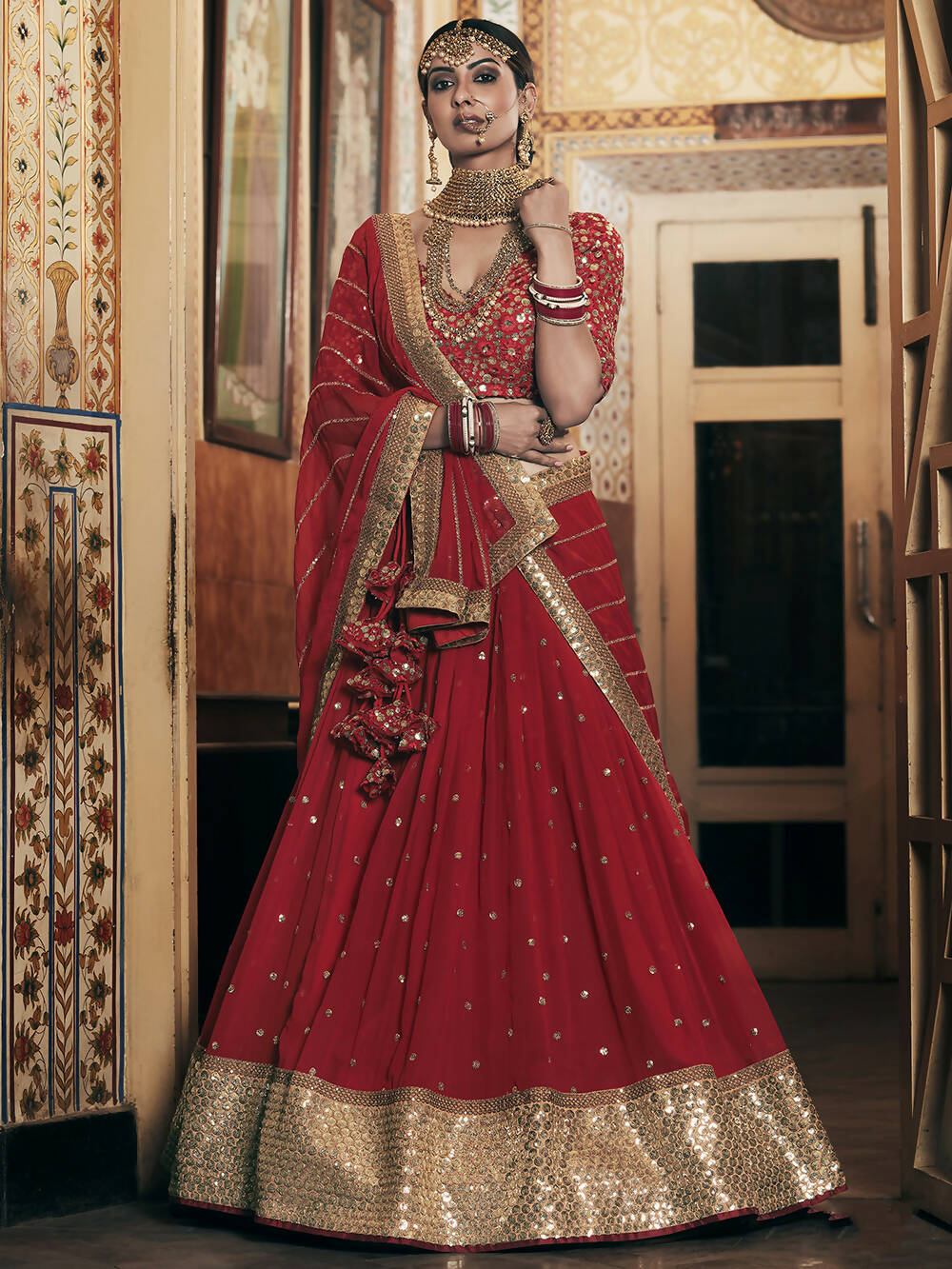 Wedding Designer Sequene Zari Resham Embroidery Red Georgette Lahengha Choli - Anbazaar | Grocsy