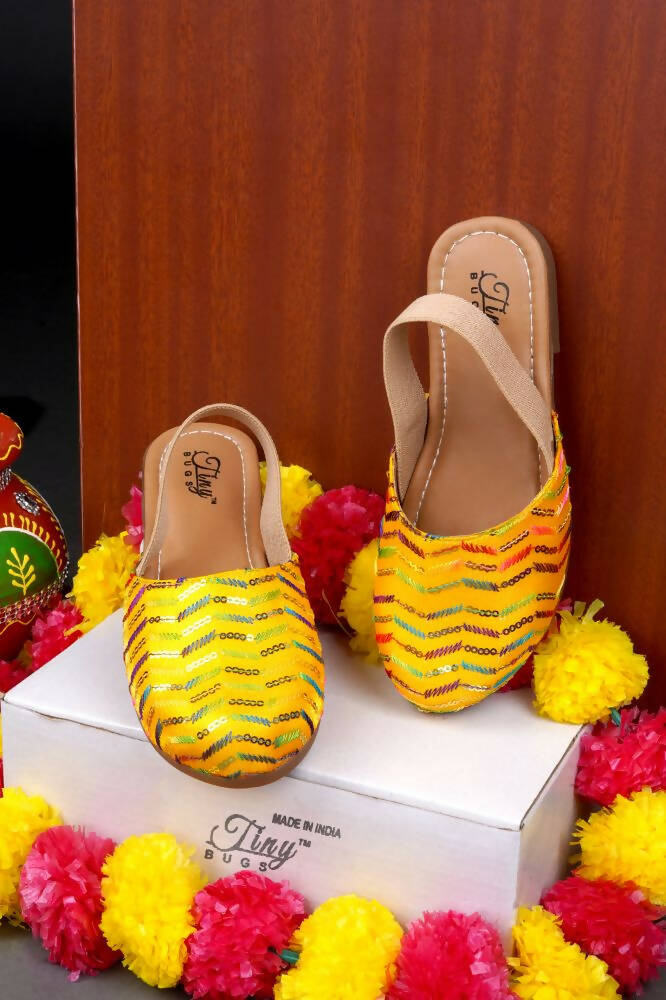 Tiny Bugs Girls Embroidered Strap Ethnic Jutis-Yellow | Grocsy