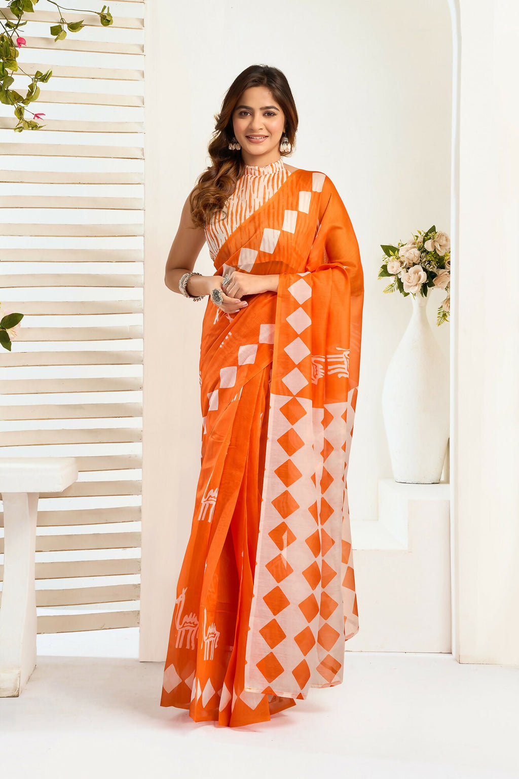 Vastranavya Orange Digital Printed Linen Ready To Wear Designer Saree with Unstitched Blouse | Grocsy