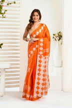 Vastranavya Orange Digital Printed Linen Ready To Wear Designer Saree with Unstitched Blouse | Grocsy