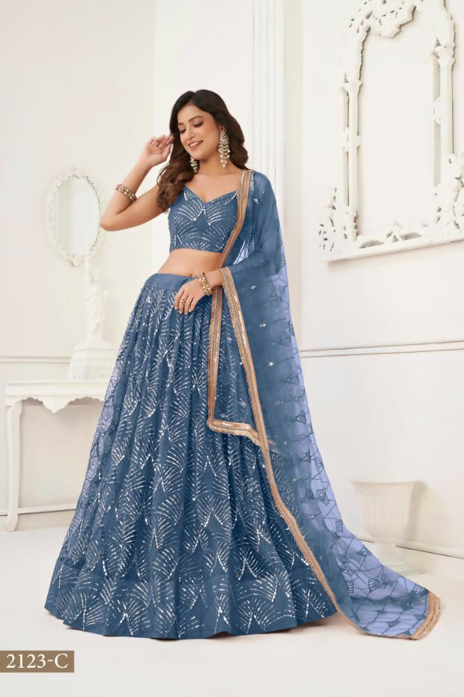 Aastha Fashion More Peach Butterfly Net Tone To Tone Thread Work, Sequence Work And Original Mirror Work Embroidery Wedding Wear Lehenga Choli | Grocsy