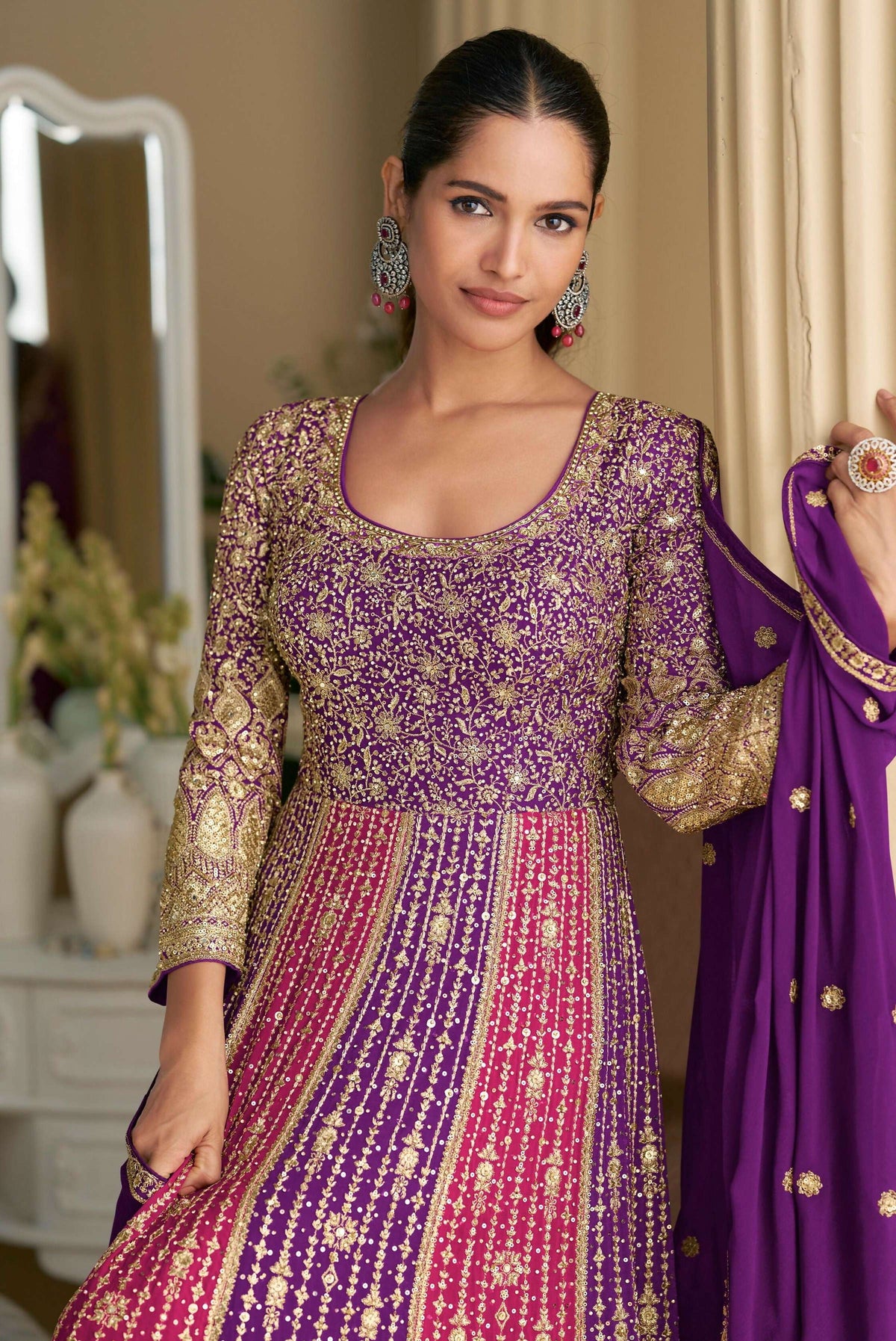 Anaita Purple Georgette Readymade Anarkali Suit with Embroidery Zarkan Work | Grocsy