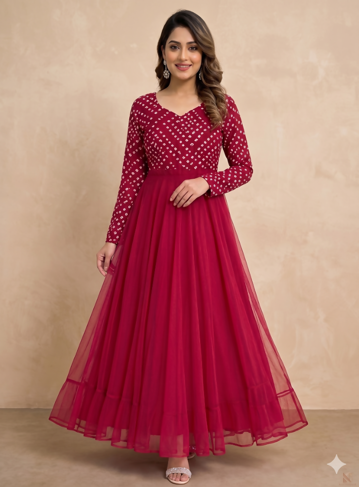 Teeya Creation Women's Pink Bandhani Print Anarkali Gown | Grocsy