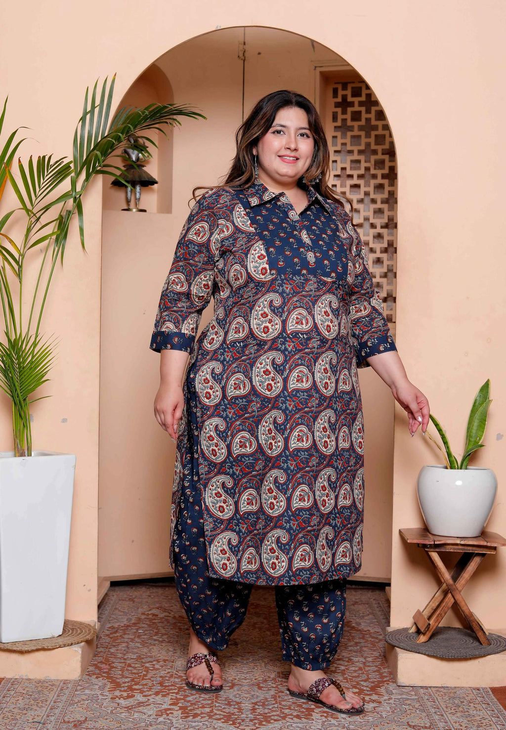 Miravan Womens Plus Size Cotton Floral Printed Shirt-Collar Straight Kurta and Palazzo set | Grocsy