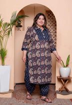 Miravan Womens Plus Size Cotton Floral Printed Shirt-Collar Straight Kurta and Palazzo set | Grocsy