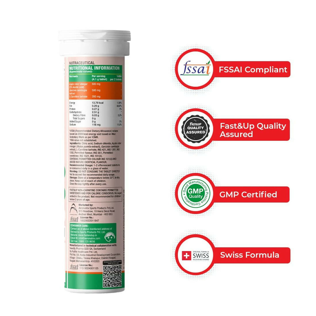 Fast&Up ACV + Carnitine, 500mg ACV , 350mg L-Carnitine, 500mg Garcinia - Lemon Flavour | Grocsy