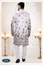 Joban Fashion Men's White Straight Silk Thread And Sequence Embroidery All Over 3 Pc Kurta Set | Grocsy