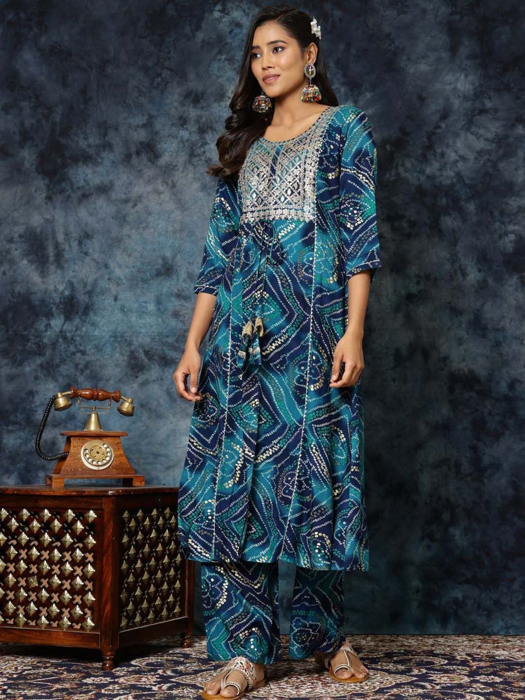 Sangria Bandhani Print & Embroidered Kurta Palazzo & Dupatta Set | Grocsy