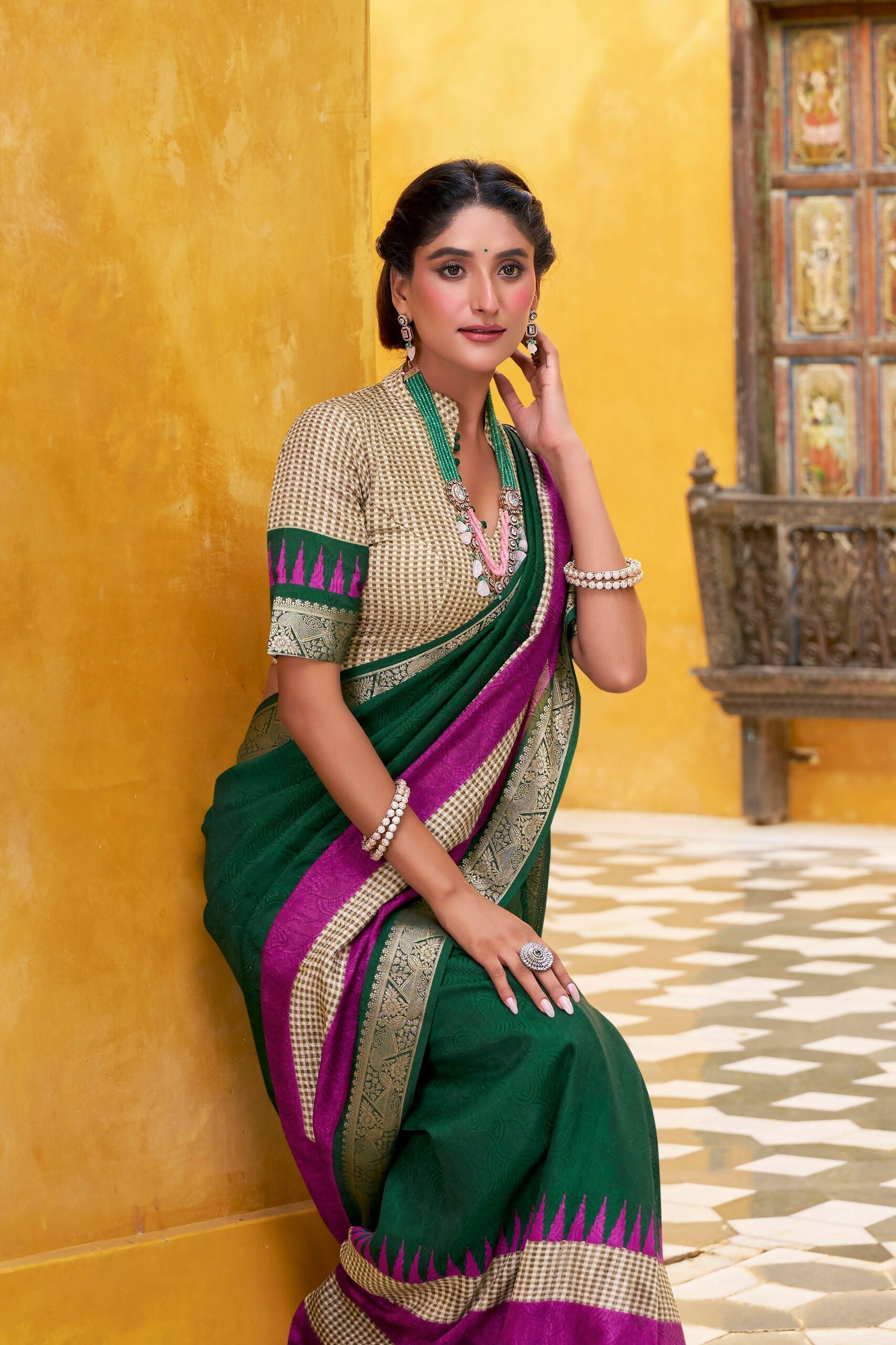 Vastranavya Green Printed with Zari Weaving Work Poly Cotton Saree & Unstitched Blouse | Grocsy
