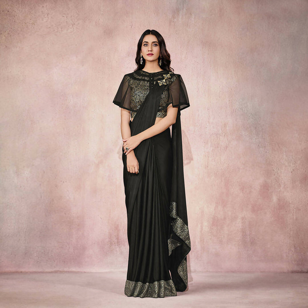 Black Lycra Embroidery Designer Saree With Blouse - Mohmanthan Sitaarah | Grocsy