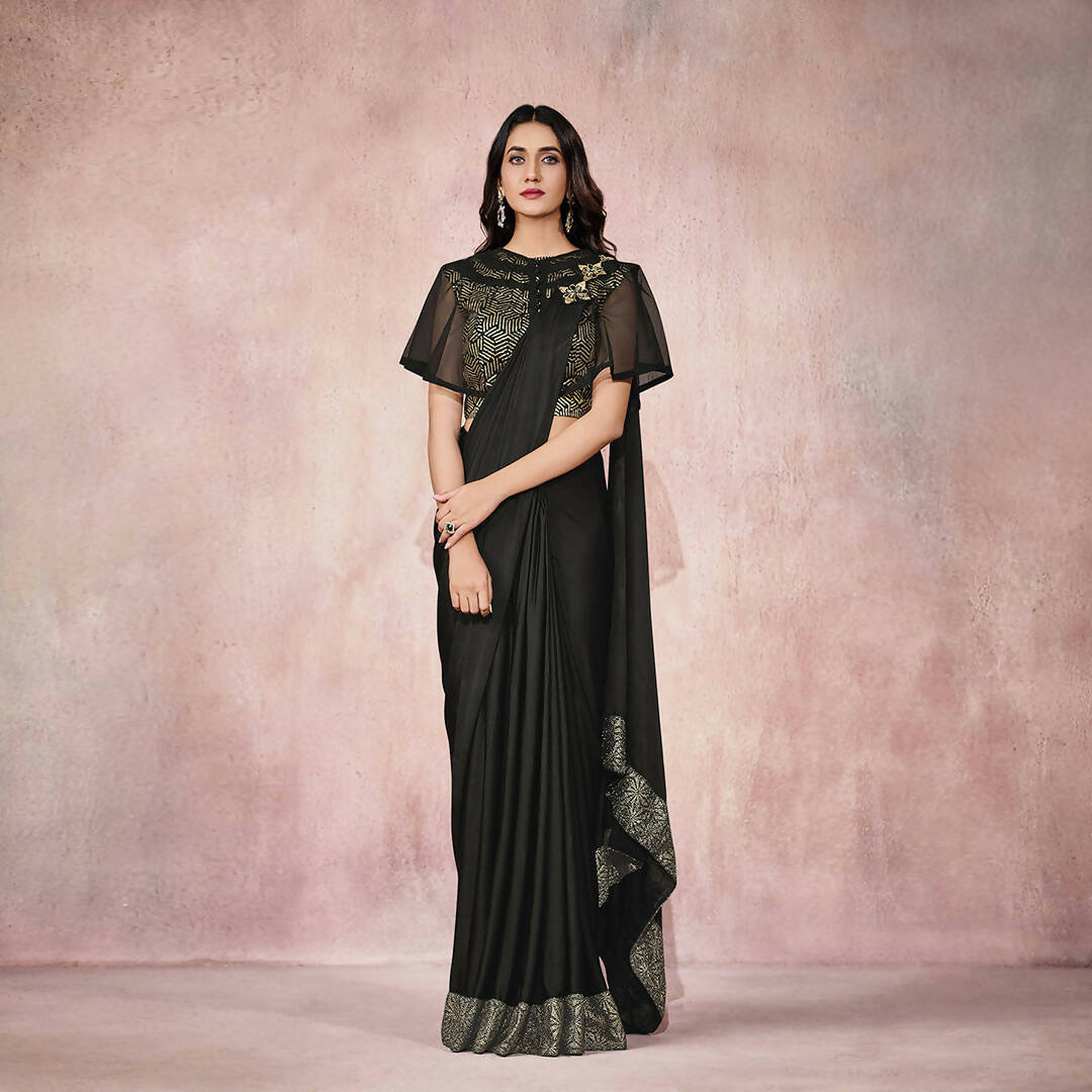 Black Lycra Embroidery Designer Saree With Blouse - Mohmanthan Sitaarah | Grocsy