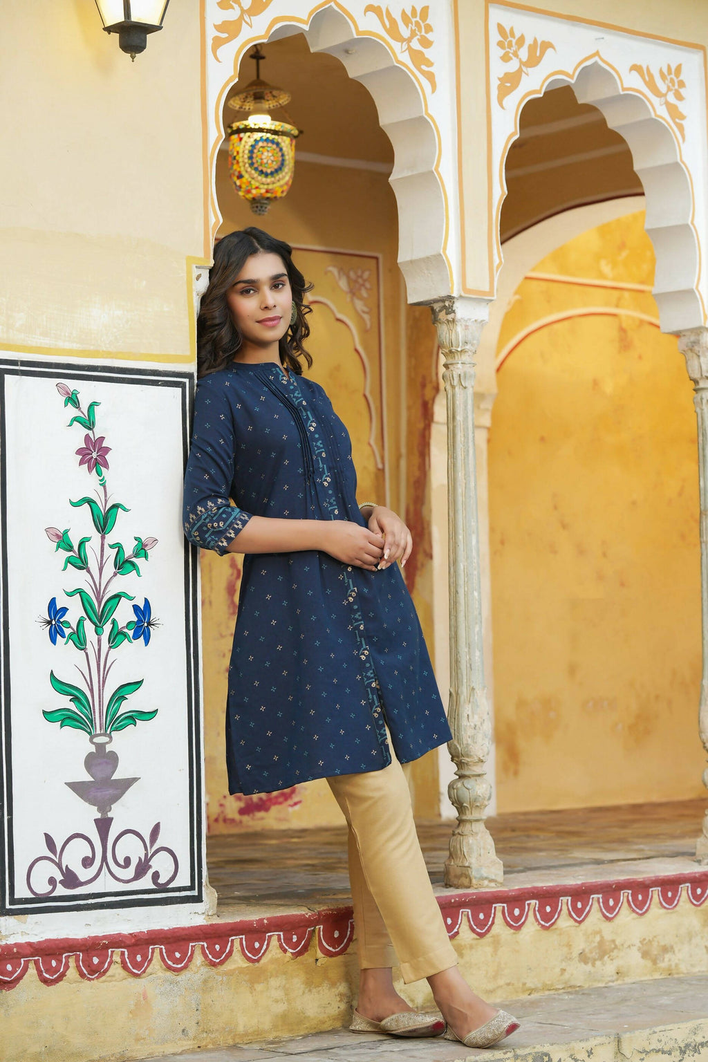 Juniper Women's Blue Cotton Flex Printed A-Line Kurta | Grocsy