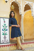 Juniper Women's Blue Cotton Flex Printed A-Line Kurta | Grocsy