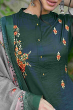 Juniper Bottle Green Mono Viscose Festive Wear Embroidered Straight Kurta Pant Dupatta Set | Grocsy
