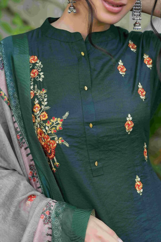 Juniper Bottle Green Mono Viscose Festive Wear Embroidered Straight Kurta Pant Dupatta Set | Grocsy
