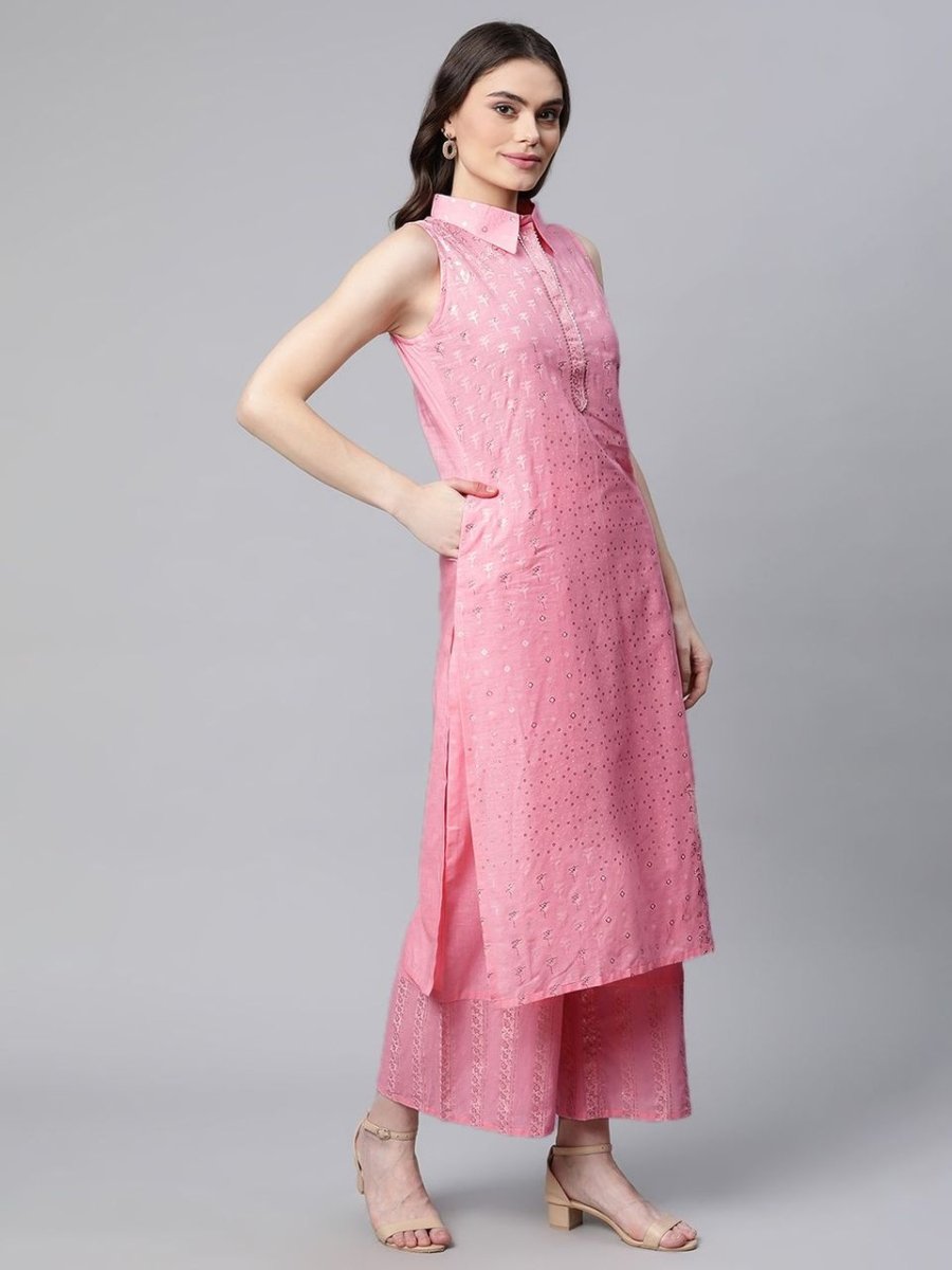 Ahalyaa Women Light Pink Colour Pure Cotton Printed Kurta Palazzo Set | Grocsy